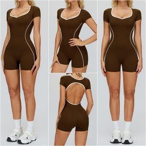 Mono Deportivo de <span class=keywords><strong>Yoga</strong></span> de Una Pieza para Mujer, Manga Corta, Espalda Descubierta, con Ribete en Contraste, Ropa Deportiva para Gimnasio, Personalizable OEM - Product Image 5