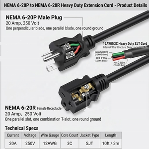 Câble d'extension NEMA 6-20P vers 6-20R, 12AWG, 20A, 250V / Câble d'alimentation robuste, SJTW / <span class=keywords><strong>Climatiseur</strong></span>, Équipement industriel - Product Image 2