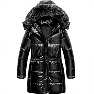 Orha International Women's Black Glossy Thick Regular Coat Detachable <b>Fur</b> <b>Hooded</b> Puffer <b>Jacket</b> Waterproof Windproof Quick Dry - Product Image 1