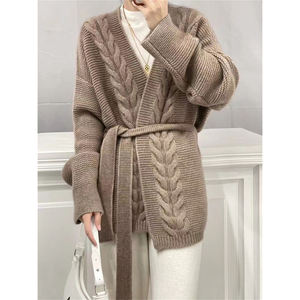 Cárdigan de lana 100 grueso de siete agujas personalizado para <span class=keywords><strong>mujer</strong></span>, chaqueta de suéter de Cachemira de estilo suelto y perezoso sin botones de longitud media - Product Image 5