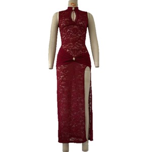 Robe longue en dentelle pour femme, sans manches, avec fente haute, en dentelle transparente, col mandarin, pour mariage et soirée, tendance - Product Image 3