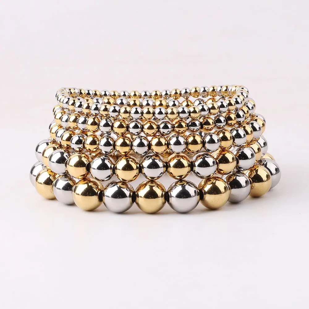 Classic Design 4/5/6/8/10mm 18K Gold PVD Stainless Steel Beaded Bracelet Mix Color Beads Elastic Bracelet Women Men JBS12632