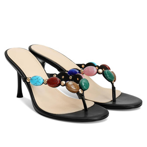 Sandales à talons à brides pour femmes, style vintage, ornées de bijoux, tongs à talons kitten, <span class=keywords><strong>escarpins</strong></span> à enfiler, talons aiguilles - Product Image 1