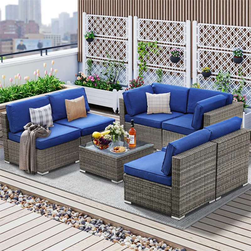 Ngoài trời sofa không thấm nước biệt thự đồ nội thất khách sạn 6 chỗ ngồi Patio sofa mây nội thất sân vườn thiết lập