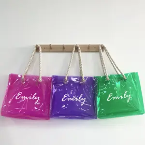 Tas Tote bahu PVC warna Neon permen pegangan tali katun tebal putar tahan air Logo kustom