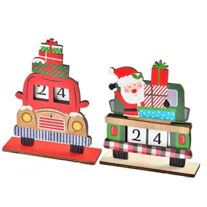 優れた品質の木製レッドサンタギフトバッグ24日トラックカレンダーデスクトップデコレーション木製クリスマスカウントダウンカレンダー
