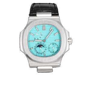 Reloj Automático para Hombre con Forma de Tonneau, Correa de Cuero de Cocodrilo Genuino, Esfera Vertical Turquesa, Cronógrafo con Fase Lunar - Product Image 1