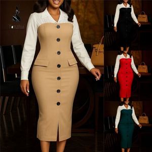 <span class=keywords><strong>Robes</strong></span> de <span class=keywords><strong>carrière</strong></span> d'automne à manches longues, col tailleur, couleur contrastée, robe crayon pour femme de bureau - Product Image 2