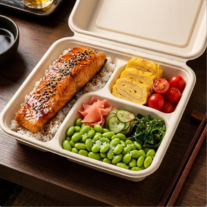 Offre Spéciale : Boîte à <span class=keywords><strong>lunch</strong></span> biodégradable en bagasse de canne à sucre à 4 compartiments avec couvercle, micro-ondable, recyclable, 22,5x17,5cm, jetable pour aliments - Product Image 3