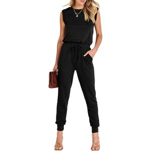 <b>Womens</b> Summer Sleeveless Jumpsuit High Waist Stretchy Crewneck <b>Romper</b> With Pockets Casual Daily Wear Outfit - Product Image 1