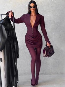 Vestido estilo traje ceñido a la cintura con cuello en <span class=keywords><strong>V</strong></span> profundo de color sólido para mujer - Product Image 6