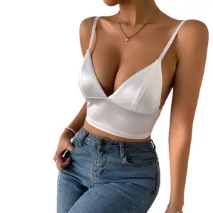 Women's Sexy Satin Crop Tops Wireless Bralette Crochet Top Female Spaghetti Strap T-Shirt Cropped Chest Padded Breathable Woven