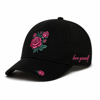 Casquette de baseball pour femme en coton sergé noir, broderie 3D de fleurs roses et lettres, réglable, pour sports de plein air, style Dad Hat
