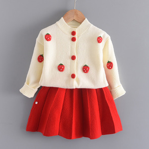 Conjunto de Dos Piezas para Niñas, Estilo Coreano, Invierno, Suéter de Punto con Estampado de Frutas, Falda, Estilo Dulce - Product Image 1