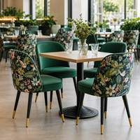 Chaise de salle à manger moderne en velours avec dossier à imprimé tropical et pieds en métal noir pour restaurant commercial, hôtel, café