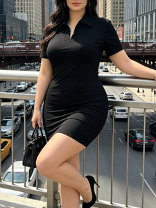 Custom Clothing Black <b>Polo</b> Neck Fitted Short Sleeve Dress- Casual American Chic for Everyday Wear - Product Image 2