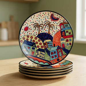 Handmade Ceramic Round Plate Bohemian Cartoon Design 300mm Diameter <b>Table</b> Decoration <b>Mats</b> & Pads - Product Image 1