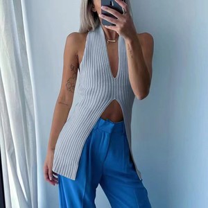 Gilet mi-long tricoté pour femmes, Sexy, coupe basse, dos nu, sans manches, débardeurs blancs, <span class=keywords><strong>col</strong></span> en <span class=keywords><strong>V</strong></span>, épaules dénudées, <span class=keywords><strong>col</strong></span> licou, gilet à la mode, tricot - Product Image 2