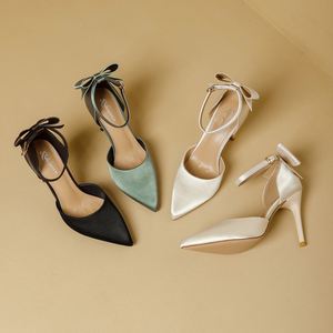 Escarpins sexy et confortables pour femmes, légers, luxueux et élégants, en satin, à talon aiguille, avec nœud et lanières, bout pointu, pour l'été - Product Image 6