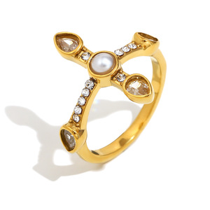 Bague ouverte empilable en acier inoxydable plaqué or 18 carats avec perle torsadée et zircon, ajustable, étanche, bijou de doigt tendance pour femme - Product Image 1