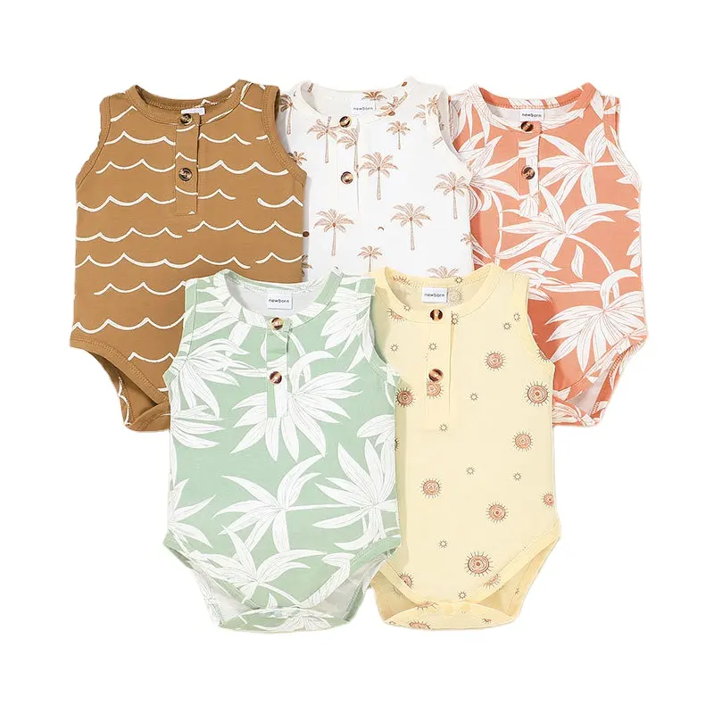 Custom Summer Floral Leaves Pattern Baby Clothes Cotton Baby Onesie Sleeveless Newborn Baby Jumpsuit Romper Bodysuit