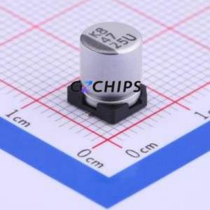 ตัวเก็บประจุแบบอิเล็กโทรไลต์อะลูมิเนียม SMD รุ่น VEU470M1ETR-0607, ขนาด D6.3xL7.7 มม. ความจุ 47uF 20% 25V 6.3 มม. - Product Image 1