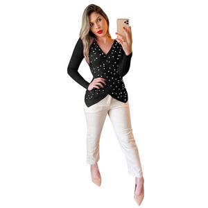 CY600006-camisetas informales para Mujer y niña, camisetas acanaladas de manga larga con cuello en V profundo, envoltura cruzada, Top plisado ajustado para Mujer - Product Image 1