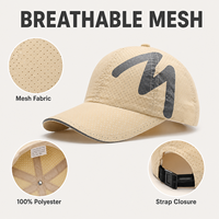 Casquette de baseball 6 panneaux respirante et tendance, beige, maille perforée, motif lettre M, visière pré-courbée, ajustable, fermeture à pression, pour homme, style hip-hop