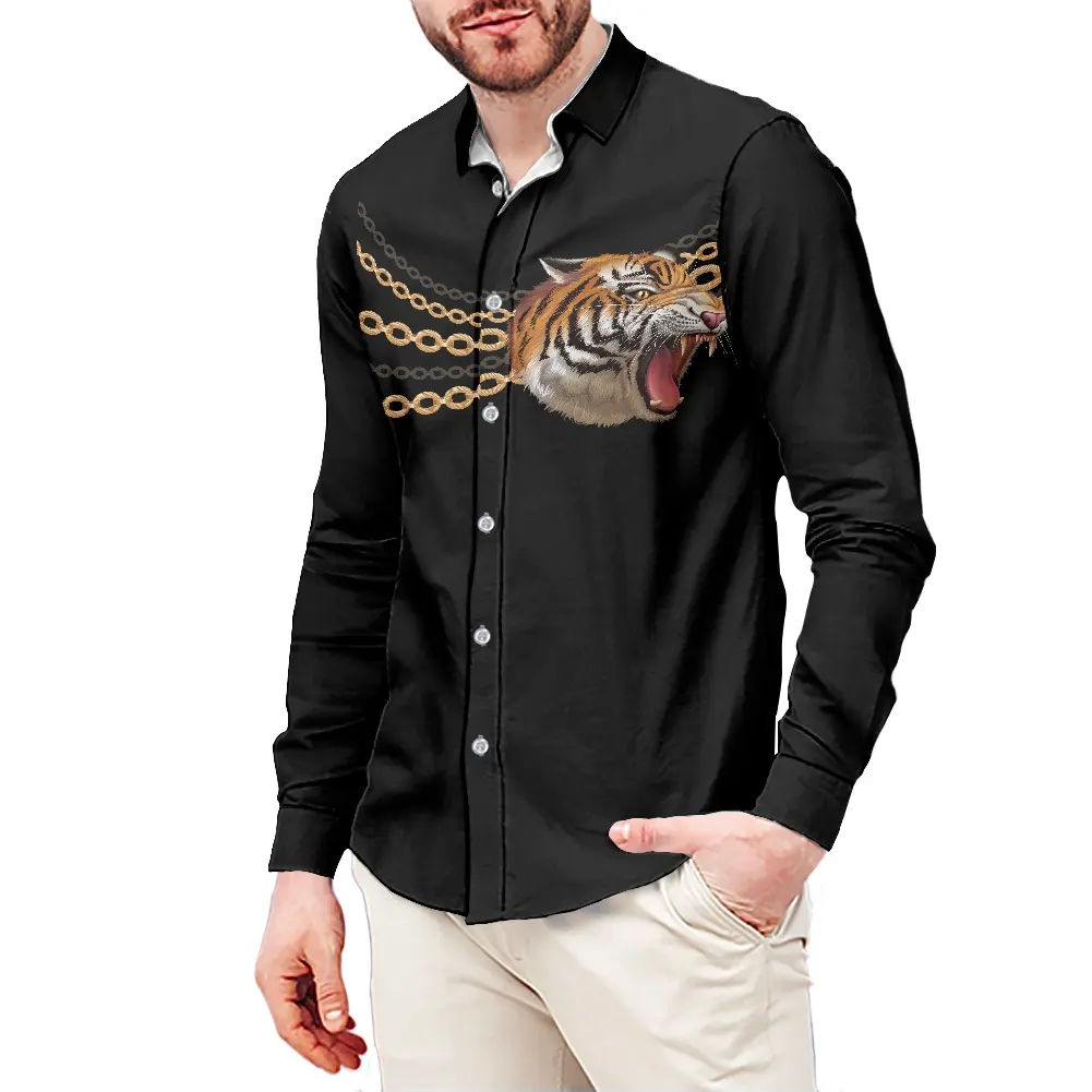 Wholesale Mens Shirts Long Sleeve Casual Tiger Pattern With Gold Chain Men Button Down Shirt Customize Black Shirts For Men