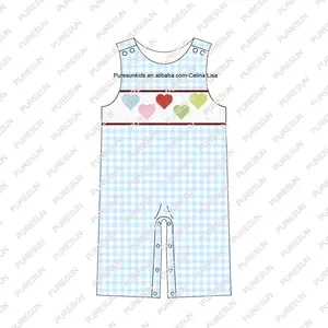 Customized Boutique Baby Clothes Little Boys Smocked Overall Clothing Blue Gingham Baby Boy Romper