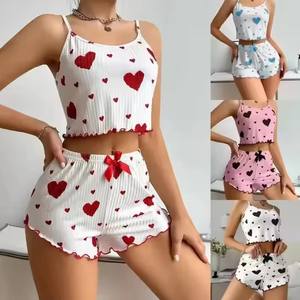 Conjunto de Pijama de Verano para Mujer, Camiseta Corta de Punto con Estampado de Corazón y Pantalones Cortos, Estilo Casual y Suave - Product Image 2