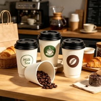 Herbruikbare 8oz Kraft papieren beker met dubbele wand en aangepaste logo-opdruk voor cafe, warme koffie, thee en afhaal dranken.