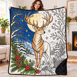 Couverture à colorier DIY en flanelle douce avec marqueurs, motif Cerf de Noël et Lune, pour décoration d'intérieur hivernale, écologique et lavable en machine - Product Image 1