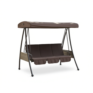 Columpio de Jardín Color Café con Toldo para 3 Personas, Muebles de Patio de Ratán PE con Cojín Impermeable - Product Image 1