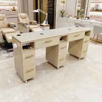Meubles de salon de manucure modernes et luxueux, table de manucure double professionnelle en MDF avec plateau en marbre, chaise et ventilateur extracteur