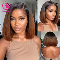 Pelucas de Cabello Humano Liso con Doble Trama sin Pegamento, Estilo Bob, con Frente de Encaje, Color Marrón Degradado, Cabello Virgen Vietnamita, Pelucas con Frente de Encaje Completo HD