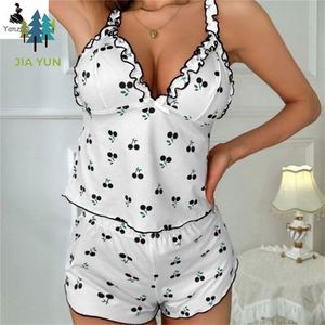 Pijamas Curtos Yanzhui com Estampa de Cereja, Top Casual Suspenso para Meninas Adolescentes, Conjunto de Roupas de Dormir Sexy para Mulheres - Product Image 2
