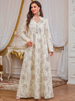 Robe longue maxi modeste pour adultes, col montant, broderie florale, sequins, polyester, pendentif à pompon, manches longues, col en V, style décontracté musulman