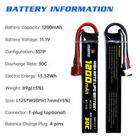 Batterie Lipo PONFLY 30C 3S 11.1V 1200mAh pour Pistolet à Billes d'Eau et Accessoires de Pistolet BB, Batterie Lithium 2S 7.4V 30C pour Jouets Pistolet à Billes d'Eau