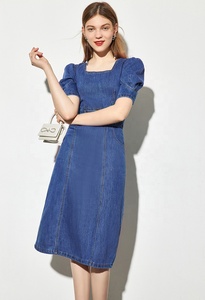 Nuevo Vestido <span class=keywords><strong>Midi</strong></span> Vaquero Personalizado para Mujer con Mangas Abullonadas, Vestidos Vaqueros con Cinturón y Cuello Cuadrado para Mujer - Product Image 2