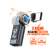 Adaptateur magnétique USB C 240W, rotation à 540 degrés, affichage numérique de type C, charge rapide PD, adaptateur 480 Mbps pour ordinateur portable et téléphone