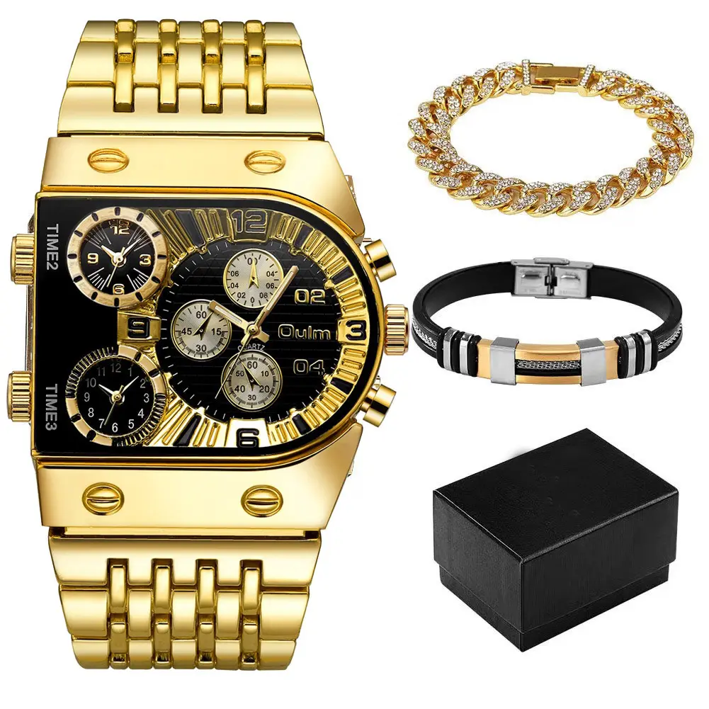 Oulm new watch sets multi-time zone large dial luminous men watch steel belt quartz watch