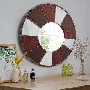 定制现代壁挂式镜子圆形多色皮革农家装饰镜