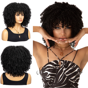 Peluca <span class=keywords><strong>Afro</strong></span> Rizada Corta con Flequillo, Color Castaño Natural y Rubio, de Fibra Resistente al Calor, sin Pegamento, para Cosplay, para Mujeres Negras, Venta al Por Mayor - Product Image 1