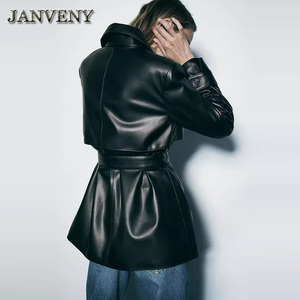 JANVENY 2024 nouveau printemps automne en <span class=keywords><strong>cuir</strong></span> PU <span class=keywords><strong>Trench</strong></span> ceinturé veste femmes revers col ceintures Faux <span class=keywords><strong>cuir</strong></span> <span class=keywords><strong>court</strong></span> coupe-vent manteau - Product Image 3
