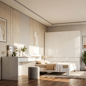 Ensemble <span class=keywords><strong>de</strong></span> meubles <span class=keywords><strong>de</strong></span> chambre à coucher en bois blanc moderne avec rangement, personnalisable, 5+ tiroirs, tête <span class=keywords><strong>de</strong></span> <span class=keywords><strong>lit</strong></span> rembourrée douce, <span class=keywords><strong>lit</strong></span> double - Product Image 1
