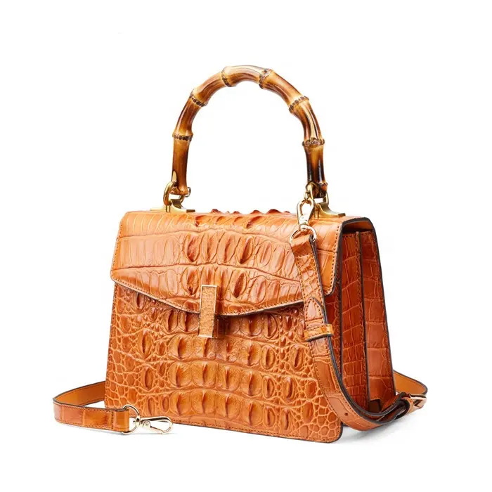 OEM ODM Custom Luxury Women Genuine Crocodile Skin Croco Leather Lady Bamboo Handle Shoulder Strap Designer Flap Bag Handbag