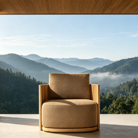 Fauteuil de salon d'extérieur en teck avec structure cannelée, chaise individuelle en tissu d'extérieur pour complexe hôtelier, jardin et zone de loisirs en plein air
