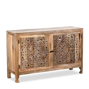 <b>Rustic</b> Farmhouse Inspired Solid Wood Storage Credenza With Artistic Hand Carved Patterns And Large Cabinet Space - Product Image 6