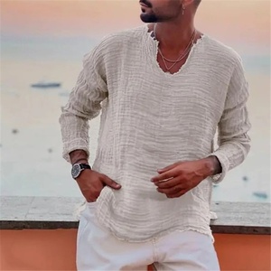 Camicia Estiva da Uomo in <span class=keywords><strong>Cotone</strong></span> e Canapa, Traspirante, Casual, con Scollo a V, Effetto Lavato e Strappato, Maniche Lunghe - Product Image 6